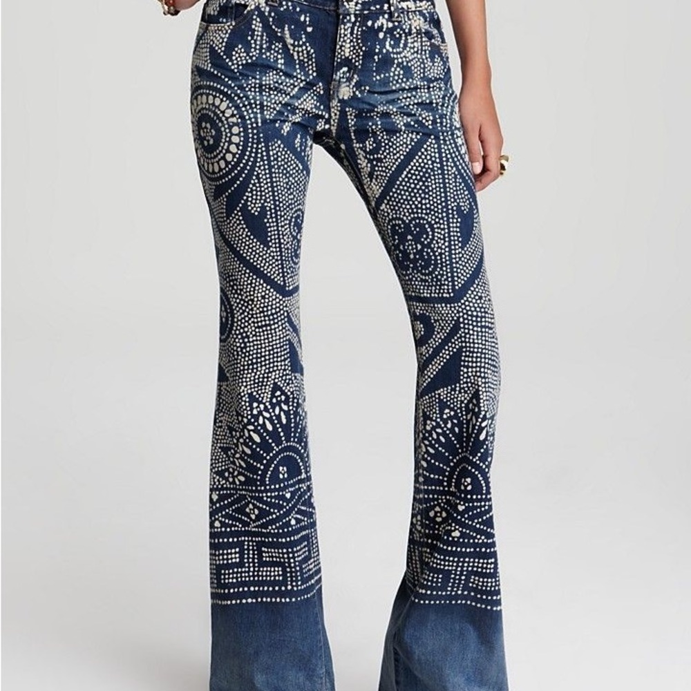 FREE PEOPLE Bali Discharge Boho Bleached Flare Bell Bottom Jeans